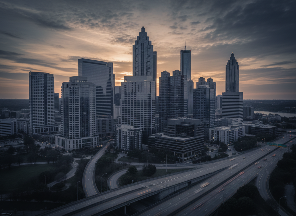 Atlanta, Georgia downtown skyline of commercial office towers at golden hour