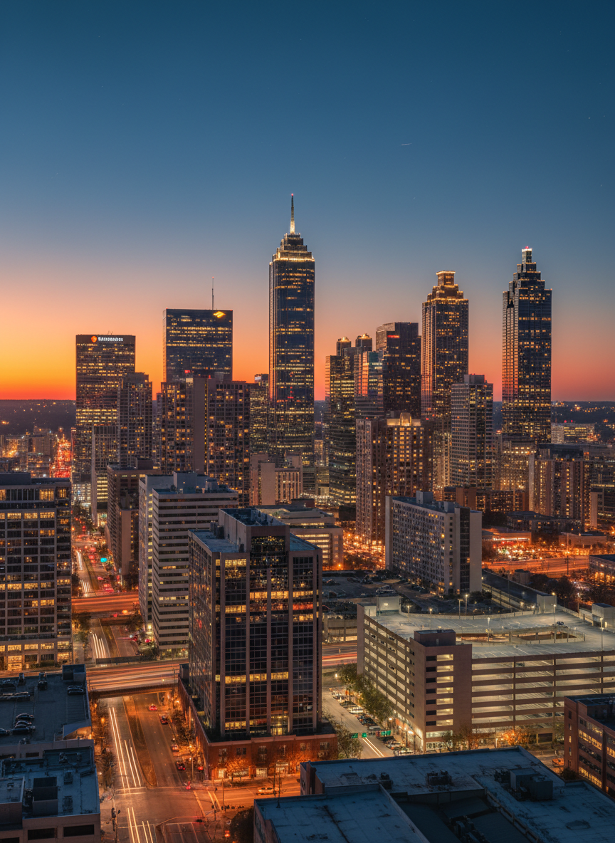 A twilight panoramic view of the Atlanta skyline with a strong emphasis on illuminated commercial office buildings and business towers, some with lit interior floors hinting at active companies inside. The foreground shows a few mid-rise commercial structures and parking decks, their windows reflecting the deep blue of the evening sky. Streetlights and soft traffic trails add subtle motion. Photographic realism with a wide, cinematic composition, capturing crisp details in the buildings while the sky transitions from warm orange near the horizon to cool indigo above. The mood is dynamic and optimistic, suggesting a thriving commercial real estate market and long-term stability for investors and tenants.
