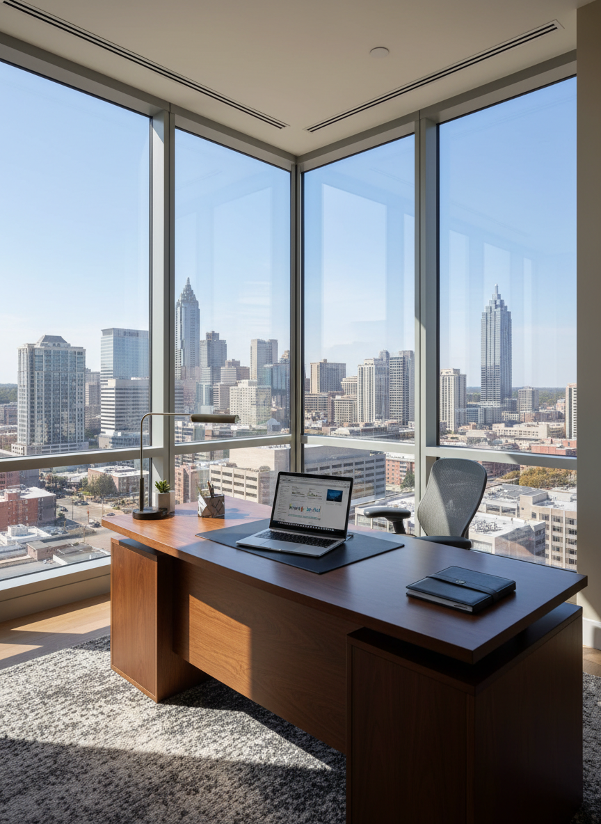 A polished executive-style corner office interior with floor-to-ceiling windows revealing a distant Atlanta skyline, including a mix of mid-rise commercial buildings and iconic towers. In the foreground, a large dark-wood desk with a neatly arranged laptop, leather portfolio, and minimalist desk accessories suggests an organized commercial broker at work without showing any person. Soft natural daylight pours in, casting gentle shadows on the matte wood floor and subtly illuminating neutral-toned walls. Photographic realism with a wide-angle composition, capturing the full workspace while keeping the skyline in crisp focus. The atmosphere is calm, strategic, and highly professional, communicating expertise and focused commercial real estate advisory services.