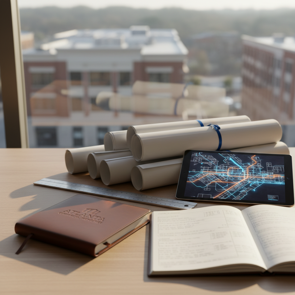 A focused still life of a commercial real estate broker’s workspace, featuring a neatly stacked set of building plans, a metal scale ruler, a leather-bound notebook, and a tablet displaying an abstract city map without text. Everything rests on a light oak desk surface near a large window, where an out-of-focus view of low- and mid-rise commercial buildings suggests an Atlanta neighborhood. Soft morning light filters in, creating gentle highlights on the metal and leather textures and subtle shadows across the plans. Photographic realism from a slightly elevated angle with a shallow depth of field. The mood is meticulous, analytical, and dependable, emphasizing the broker’s attention to detail and commitment to clients’ properties.