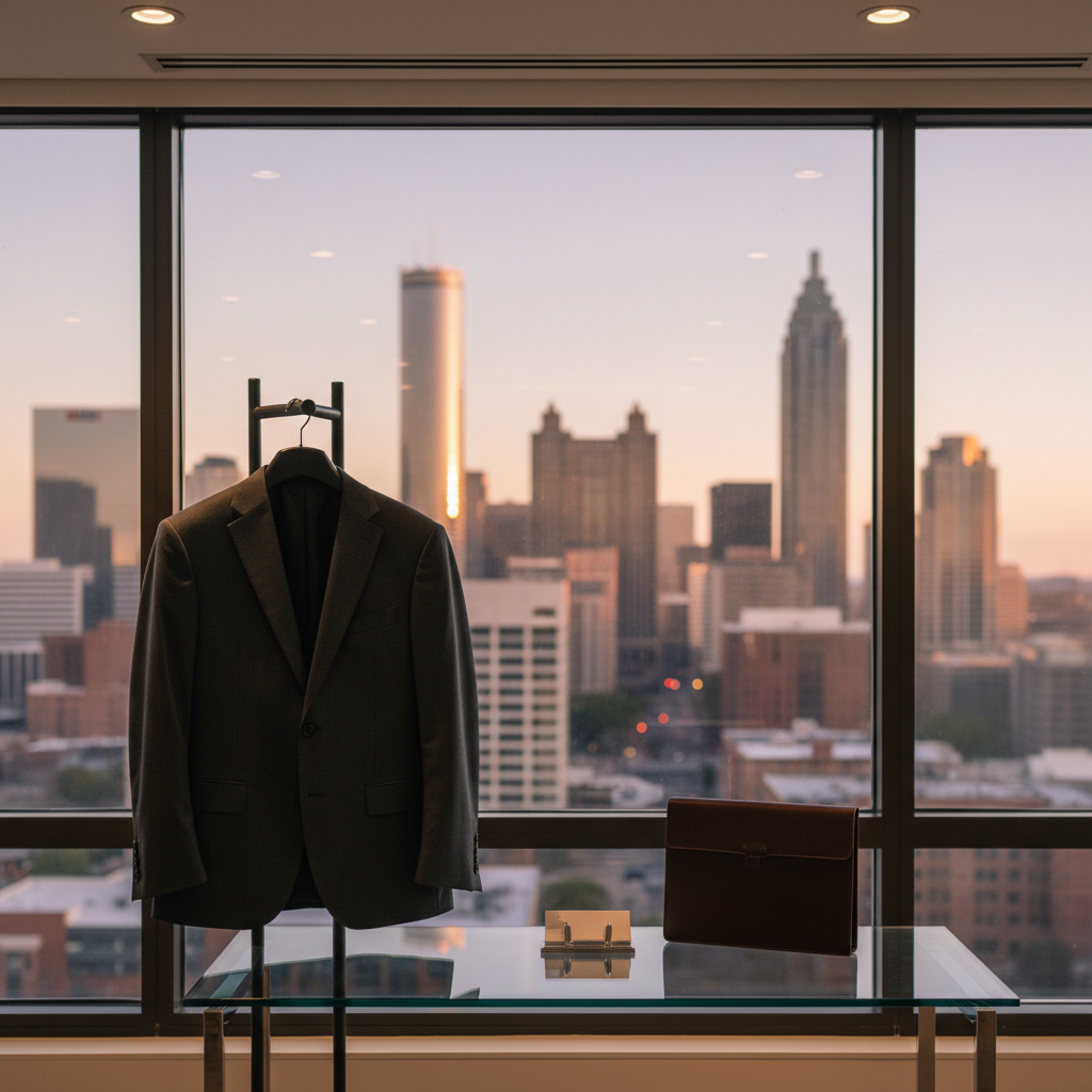 A refined, text-free visual stand-in for a professional headshot: a dark, tailored suit jacket on a minimalist stand beside a sleek glass-topped console table, where a tasteful business card holder and closed portfolio rest. Behind, a large window reveals a softly blurred Atlanta skyline with distinct high-rises and commercial towers. Warm, diffused afternoon light from the window balances with subtle interior lighting, creating a polished glow on fabrics and surfaces. Photographic realism with a vertical, centered composition that feels like a portrait without showing a person. The mood is confident, trustworthy, and approachable, symbolizing the solo commercial broker’s professionalism and personal brand.
