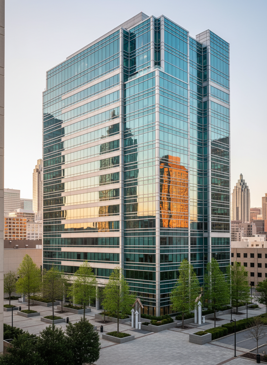 A sleek, modern commercial office building with reflective glass facades and clean architectural lines in Atlanta.