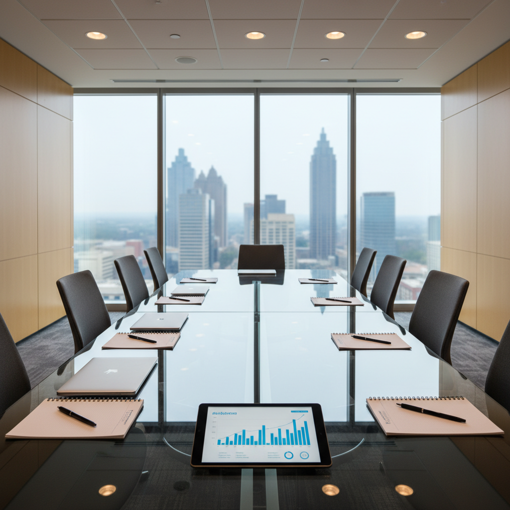 A carefully staged professional meeting environment in a modern conference room, but without any people present. A long glass-topped table is set with neatly aligned notepads, pens, a digital tablet showing abstract charts, and a closed laptop, all facing a large window framing an out-of-focus Atlanta cityscape. Overhead recessed lighting adds a soft, even glow that complements the cool natural daylight. Photographic realism at eye level, with a shallow depth of field that keeps the table items sharp while the skyline softly blurs. The mood is collaborative, strategic, and trustworthy, representing commercial real estate negotiations and client advisory sessions in a clean, businesslike setting.