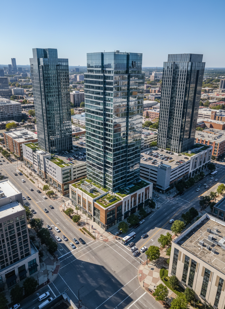 A detailed aerial-style view of a mixed-use commercial real estate block in Atlanta, featuring office buildings, retail storefronts, and structured parking, all designed with contemporary facades and clean signage without readable text. The scene is captured from a high, slightly tilted angle, showing organized traffic patterns, tree-lined sidewalks, and clearly defined property boundaries that hint at investment and leasing potential. Bright, clear midday sunlight creates crisp shadows and emphasizes building shapes and textures. Photographic realism with strong depth and sharpness throughout the frame. The mood is analytical and opportunity-focused, ideal for illustrating a commercial broker’s market knowledge and the breadth of property types handled in metropolitan Atlanta.